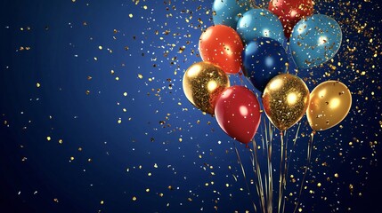 Red, blue and gold balloons floating on a navy blue background with gold confetti falling, perfect for a party invitation or greeting card
