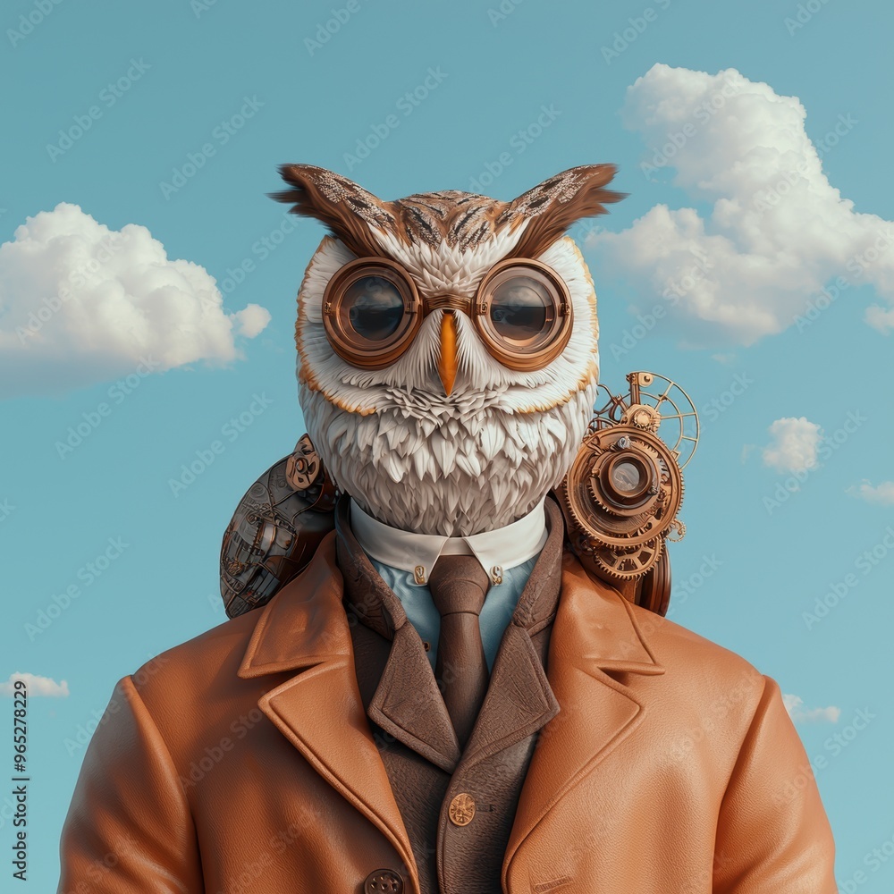Poster inventive encounter - clockwork owl perched on shoulder of eccentric inventor with copy space, selec