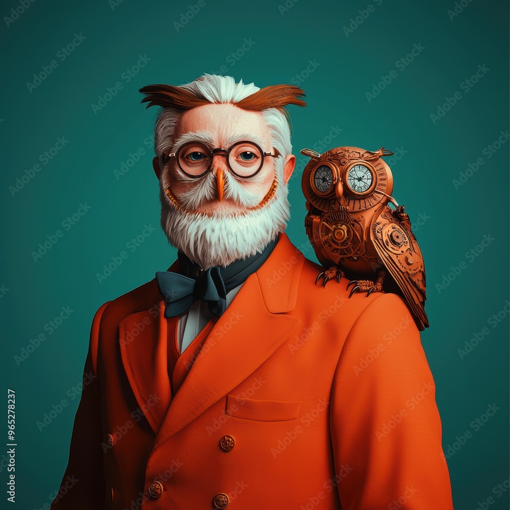 Poster steampunk clockwork owl perched on shoulder of eccentric inventor - with copy space