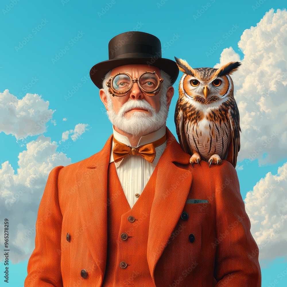 Poster enigmatic clockwork owl companion perched on eccentric inventor's shoulder - with copy space and sel
