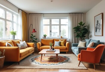 Fototapeta premium Mid century, scandinavian interior design of modern living room with colorful multicolored furniture