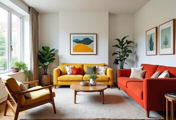 Mid century, scandinavian interior design of modern living room with colorful multicolored furniture