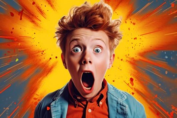 Surprised, astonished, shocked, funky ans screaming open-mouthed teen boy with wow face. Digital painting style portrait.