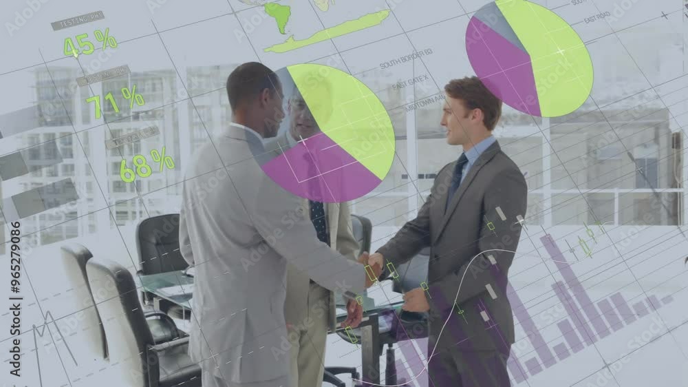 Poster animation of financial data processing over diverse colleagues shaking hands in office