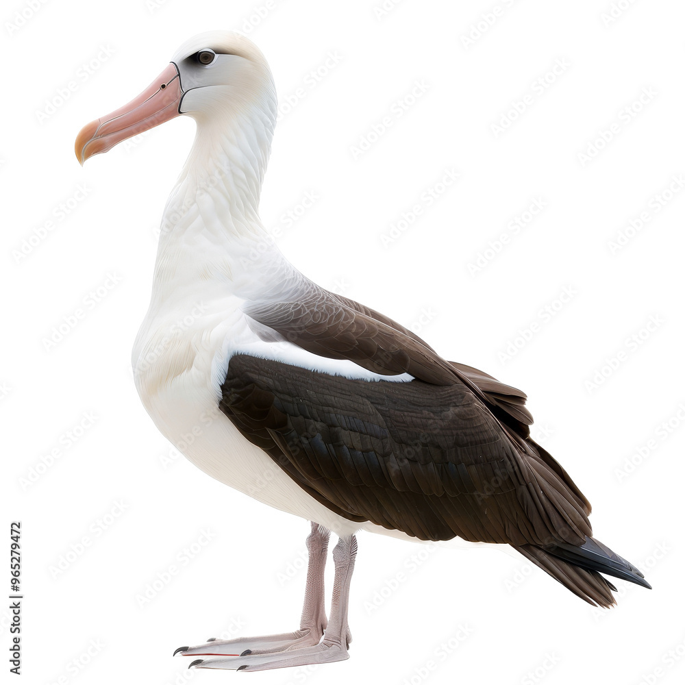 Poster a close-up view of a majestic albatross showcasing its distinctive features and posture against a pl