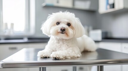 A fluffy white Maltese Bichon rests on a metal examination table inside a sleek, modern veterinary consultation room.