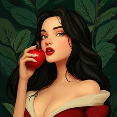 Enchanting of Snow White Eating Poisoned Apple in Dark Forest Setting with Copy Space, Quality