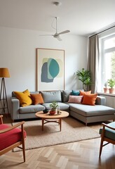Mid century, scandinavian interior design of modern living room with colorful multicolored furniture