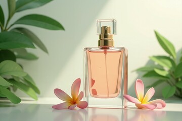 Perfume Bottle with Pink Flowers and Green Leaves, product shooting,