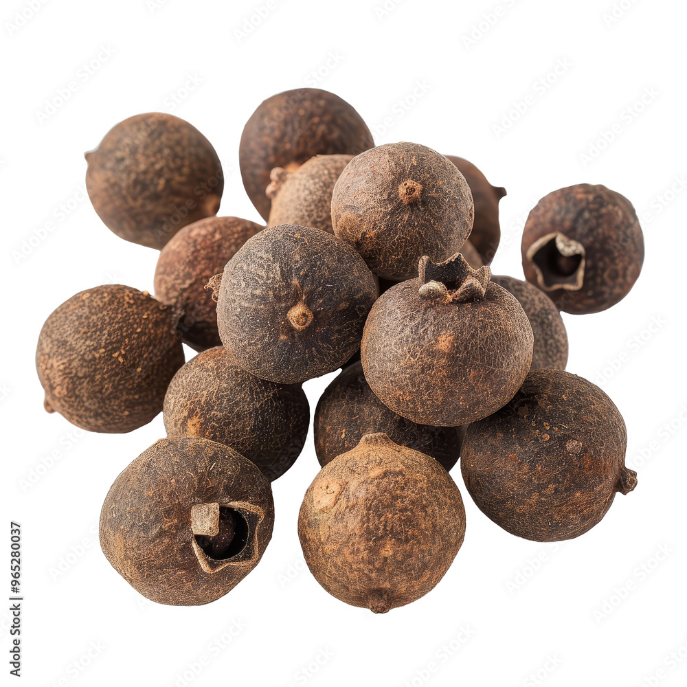Poster dried allspice berries scattered on a clean surface showcasing their unique shape and texture in bri