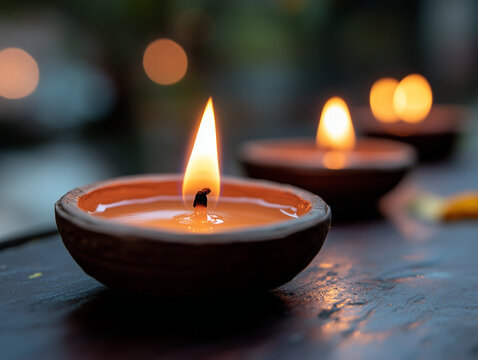Diwali candle lights with flowers in the dark with blurry candles light background