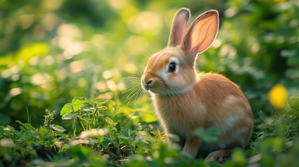 Fototapeta premium A Cute Brown Bunny Sitting in a Lush Green Meadow