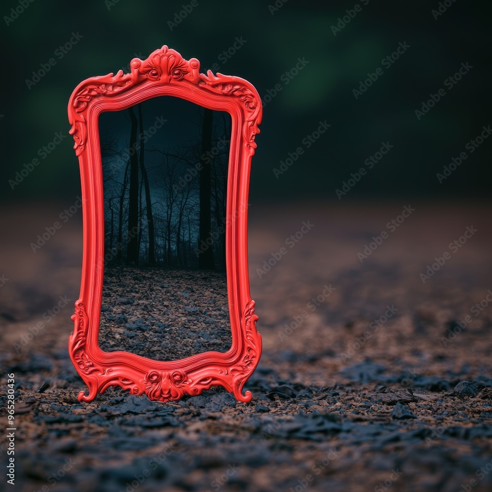 Poster cursed mirror unveiling sinister visions - with copy space and selective focus | quality