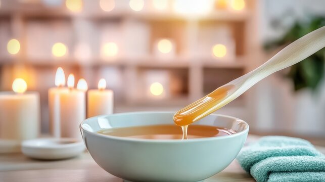 The image captures a hot wax bowl and spatula prominently, against a blurred setting that evokes the ambiance of beautician tools used for hair removal treatments.