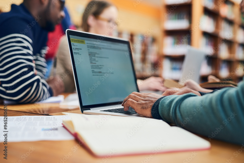 Poster education, university and student on laptop in library for learning, knowledge and research. school,