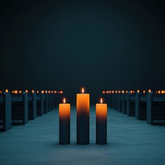 Mystical Gothic Cathedral Interior with Flickering Candles in - Copy Space for Text, Selective Focus on Foreground