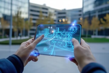 person immersed in an augmented reality experience, with a 3D map overlaying their surroundings. Ideal for technology, innovation, and futuristic themes.