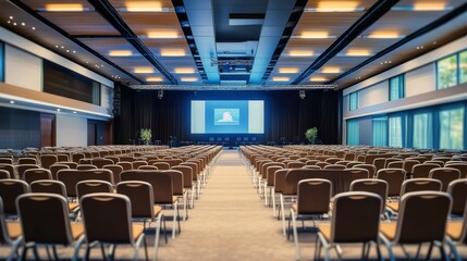 Naklejka premium Vast conference space with neatly aligned chairs pointed at a prominent screen exhibiting a video presentation, prepared for an audience.