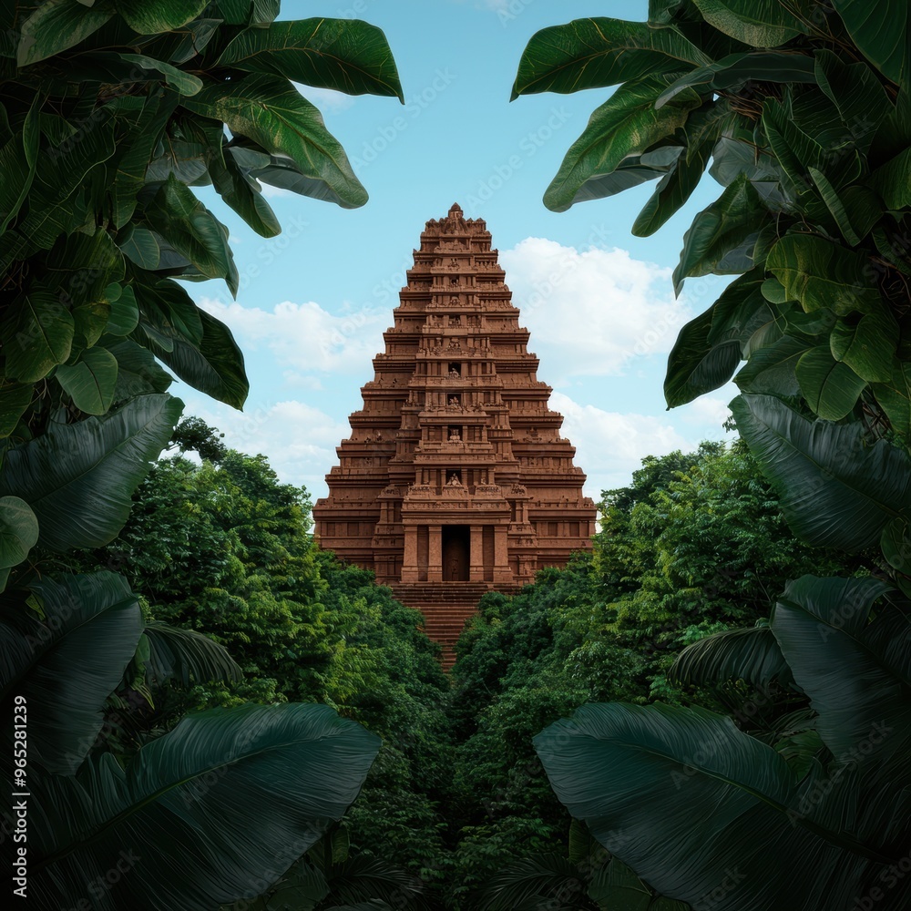Poster enchanting temple complex in the heart of forest - with copy space for text