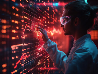 Scientist in a futuristic biotech lab reviewing bioinformatics data on a holographic display, highlighting advancements in technology and genomic research.
