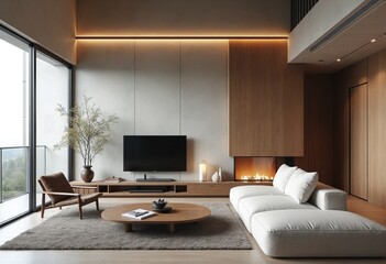 Japandi, minimalist, loft interior design of modern living room with concrete wall