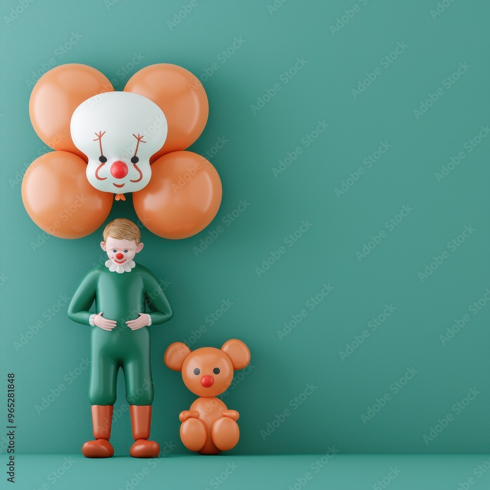Poster happy clown creating balloon animals for children in vibrant with copy space, selective focus. quali