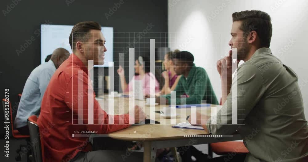 Poster animation of financial data processing over diverse colleagues discussing work in office