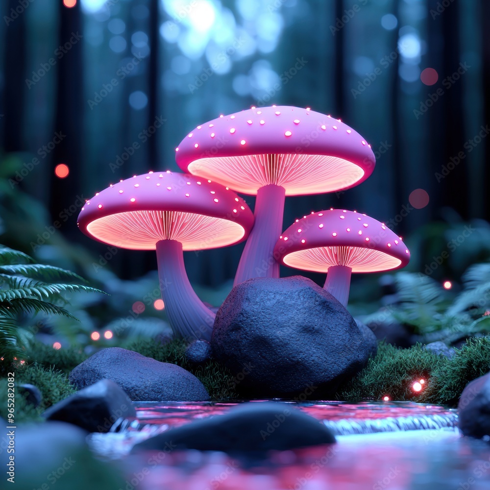 Poster enchanting of a magical forest with glowing mushrooms and sparkling streams - fantasy landscape with