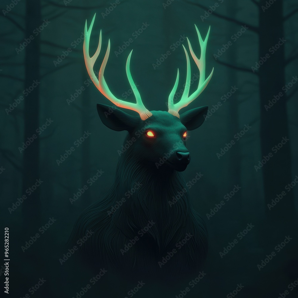 Poster enchanting of woodland creature with antlers and luminescent fur in quality with copy space for text