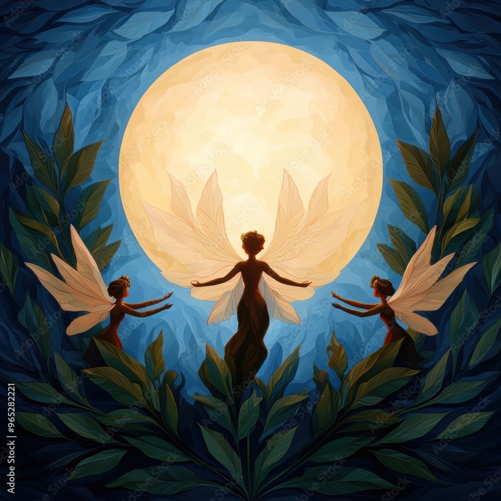 Poster enchanting hidden glade: dancing fairies in moonlight - fantasy with copy space for text in