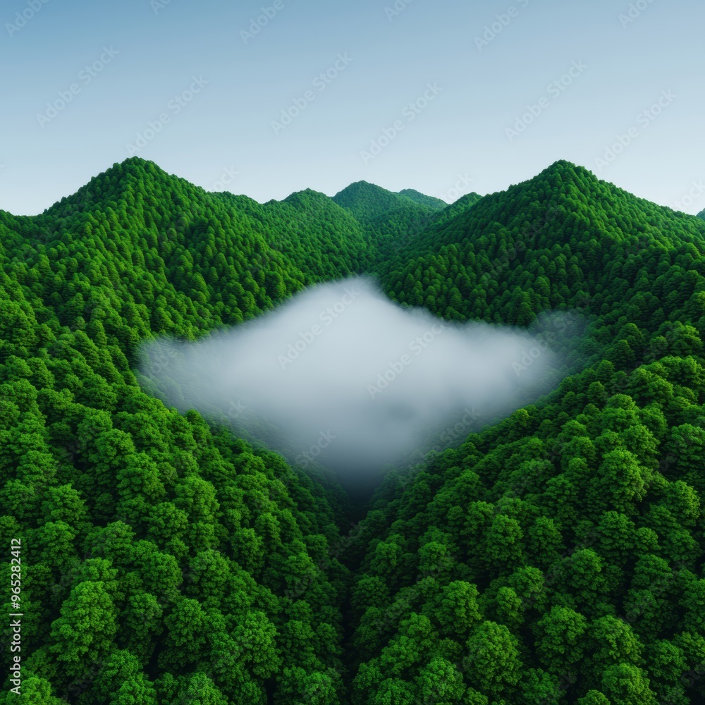 Poster enigmatic mist in dense forest - with copy space for text and selective focus on foreground