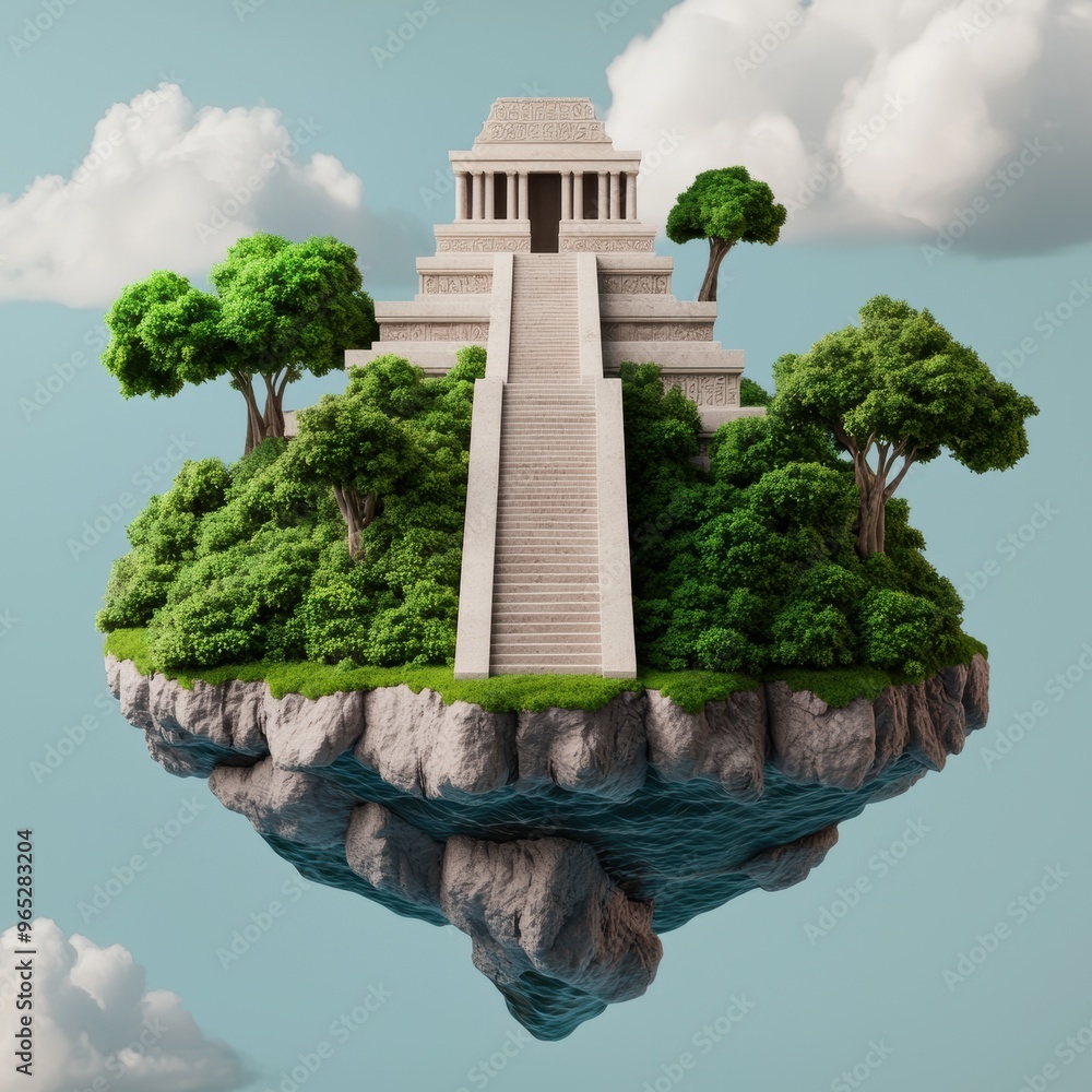 Poster enchanting scene of floating islands and ancient temples in a mystical realm | copy space for text, 