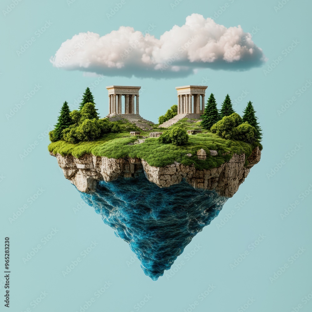Poster enchanting of a mystical realm with floating islands and ancient temples | copy space for text and s