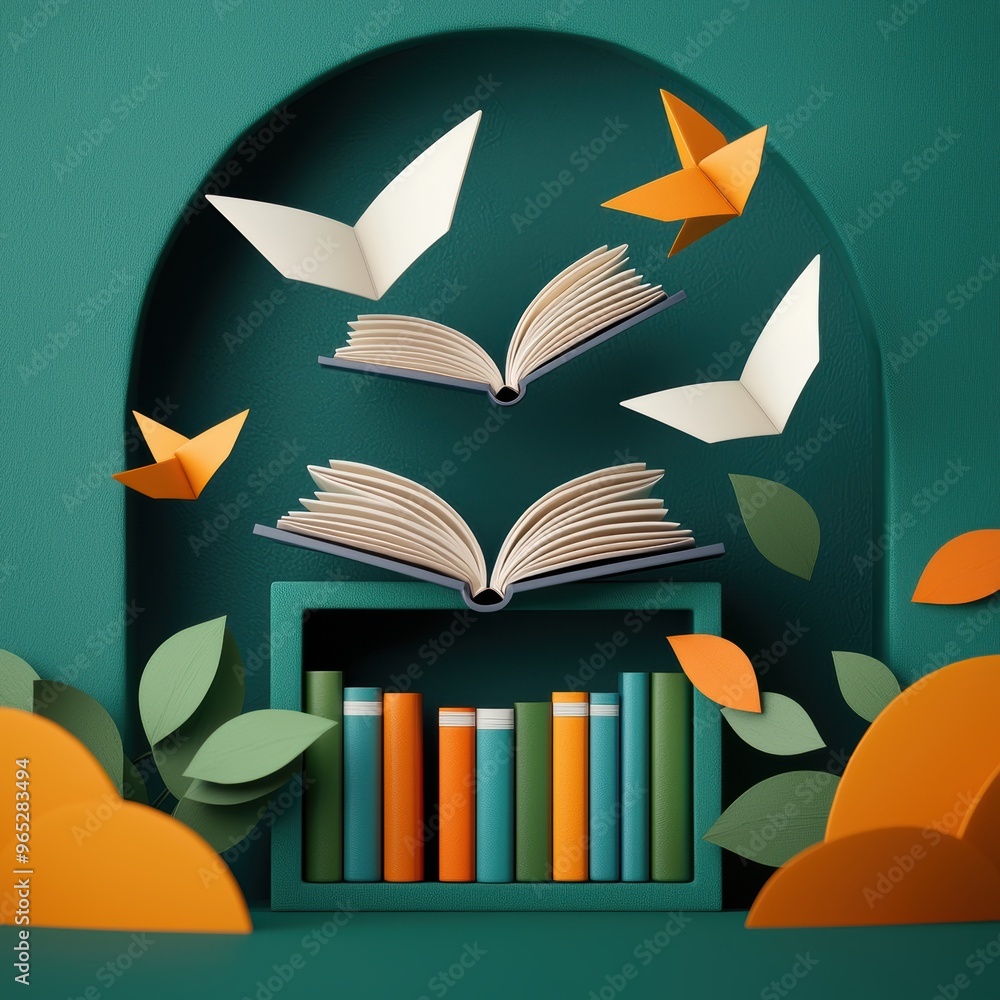 Poster enchanted library - magical of flying books in mystical setting with copy space for text