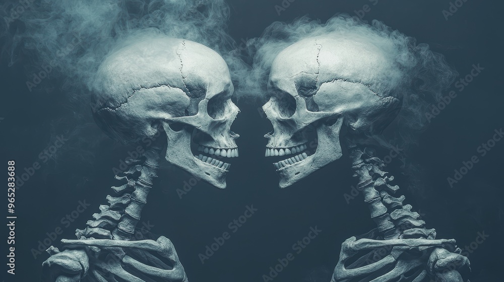 Poster evolutionary metamorphosis - detailed skeletons representing transformation with copy space for text