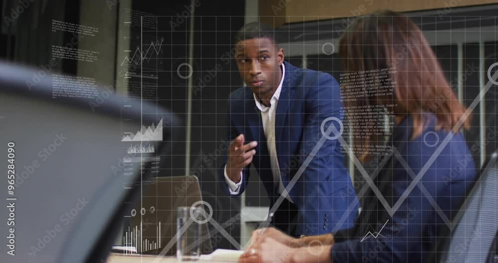 Poster animation of financial data processing over diverse colleagues discussing work in office