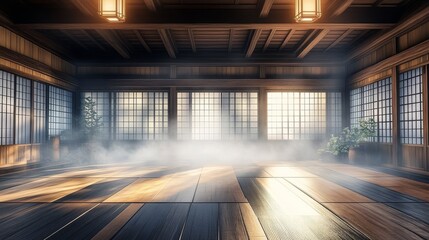 Serene traditional Japanese dojo exuding mystique, enveloped in a gentle mist.