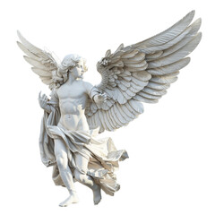 A detailed white marble angel statue with large wings captured in a serene pose, showcasing artistry in a tranquil garden setting