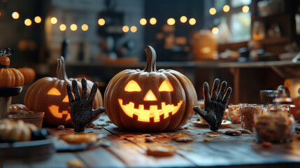 Fototapeta premium Spooky carved pumpkins with creepy hands create festive Halloween atmosphere. warm glow and autumn decorations enhance eerie yet playful vibe of celebration