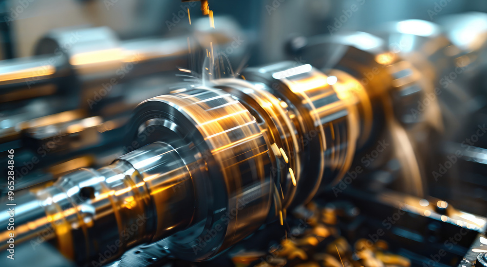 Poster A turning tool is illustrated working on a lathe, shaping a shiny cylindrical metal part with fine grooves. Generative AI.