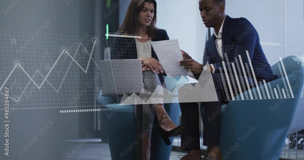 Poster animation of financial data processing over diverse colleagues discussing work in office