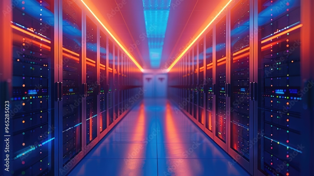 Poster different perspective of server in a row. gradient blue and orange background. generative ai.