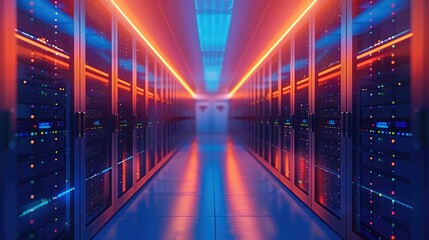 Different perspective of server in a row. gradient blue and orange background. Generative AI.
