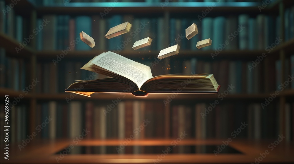 Poster a digital publishing platform with floating virtual books, multimedia options, and interactive eleme