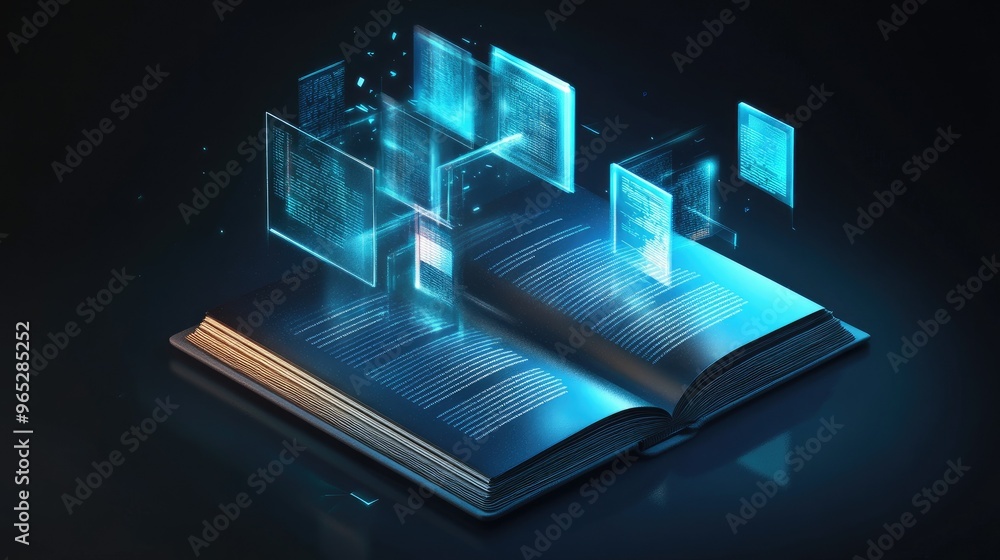 Poster a digital publishing platform with floating virtual books, multimedia options, and interactive eleme