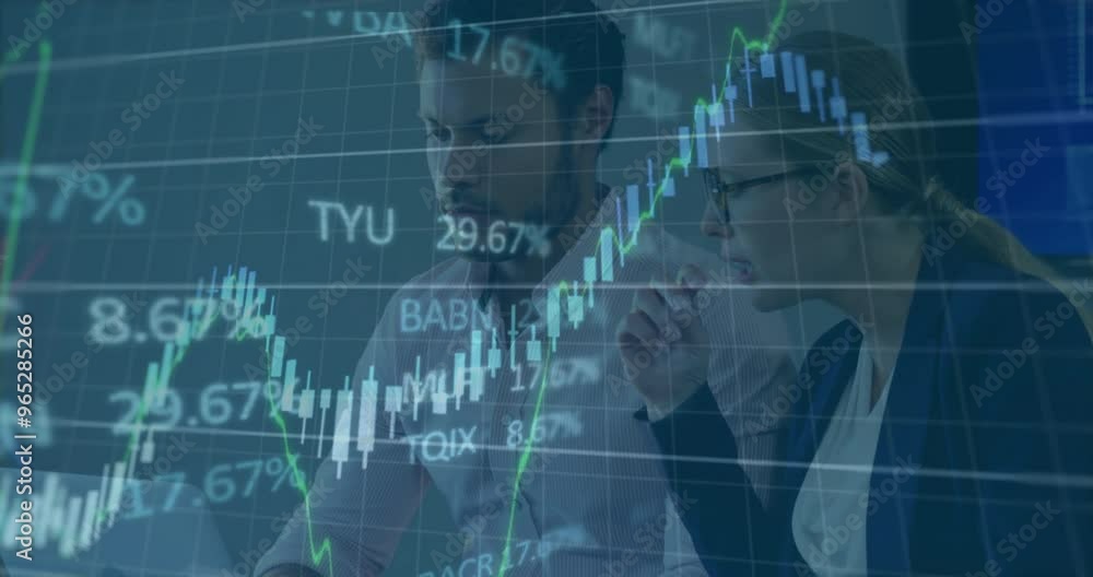 Poster animation of financial data processing over diverse colleagues discussing work in office