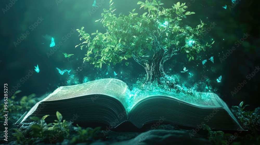 Poster a digital publishing platform with floating virtual books, multimedia options, and interactive eleme