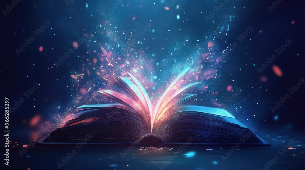 Poster a digital publishing platform with floating virtual books, multimedia options, and interactive eleme