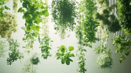 Green Herb Bunches Hanging in a White Room