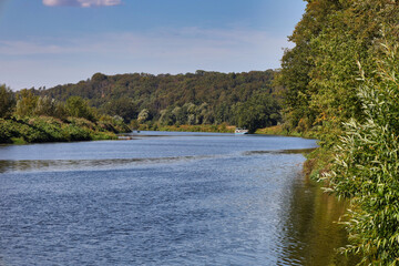 Muldeschifffahrt, Schiff auf der Mulde, Grimma an der Mulde, Landkreis Leipziger Land, Sachsen, Deutschland